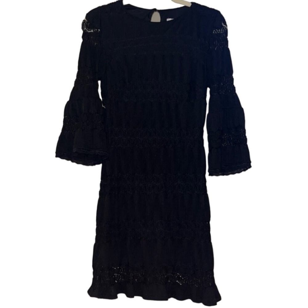 New York & Company Black Lace Crochet Bell Sleeve Dress Sz XS